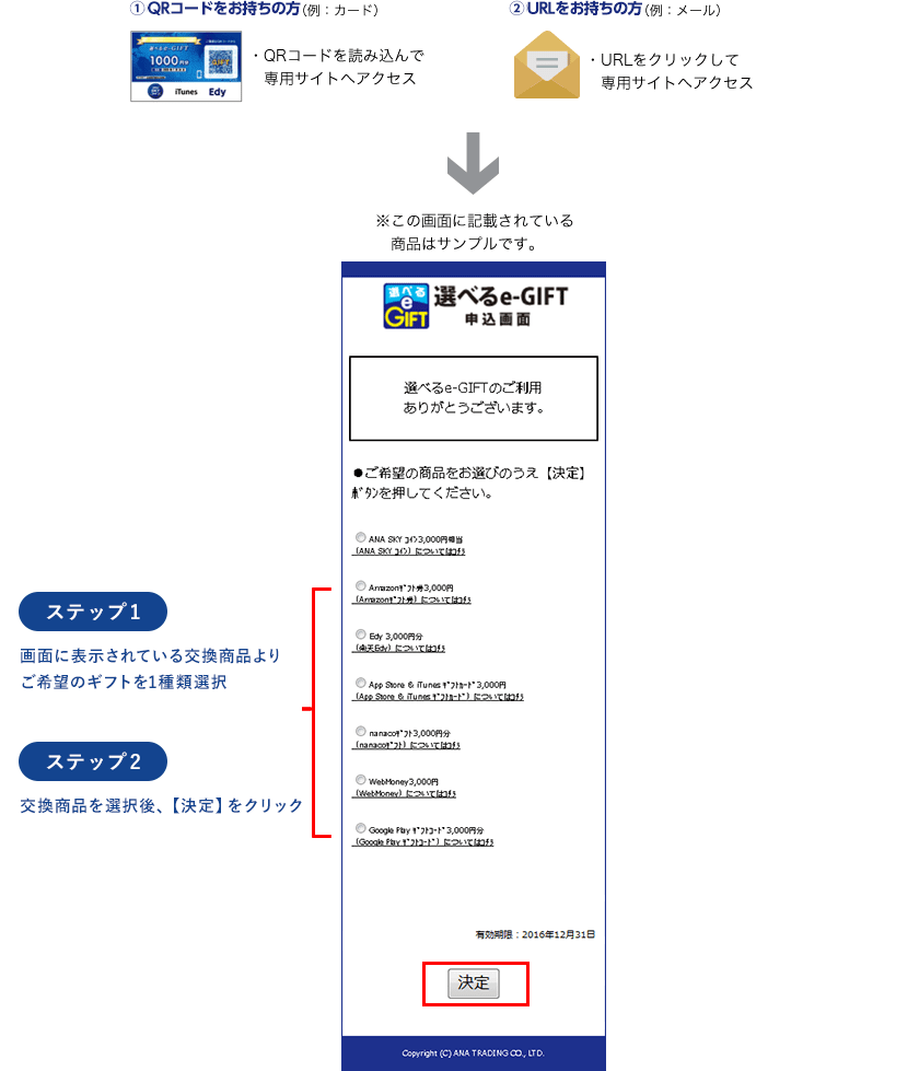 ご希望の電子マネーやデジタルギフトを選択　PC/ケータイ